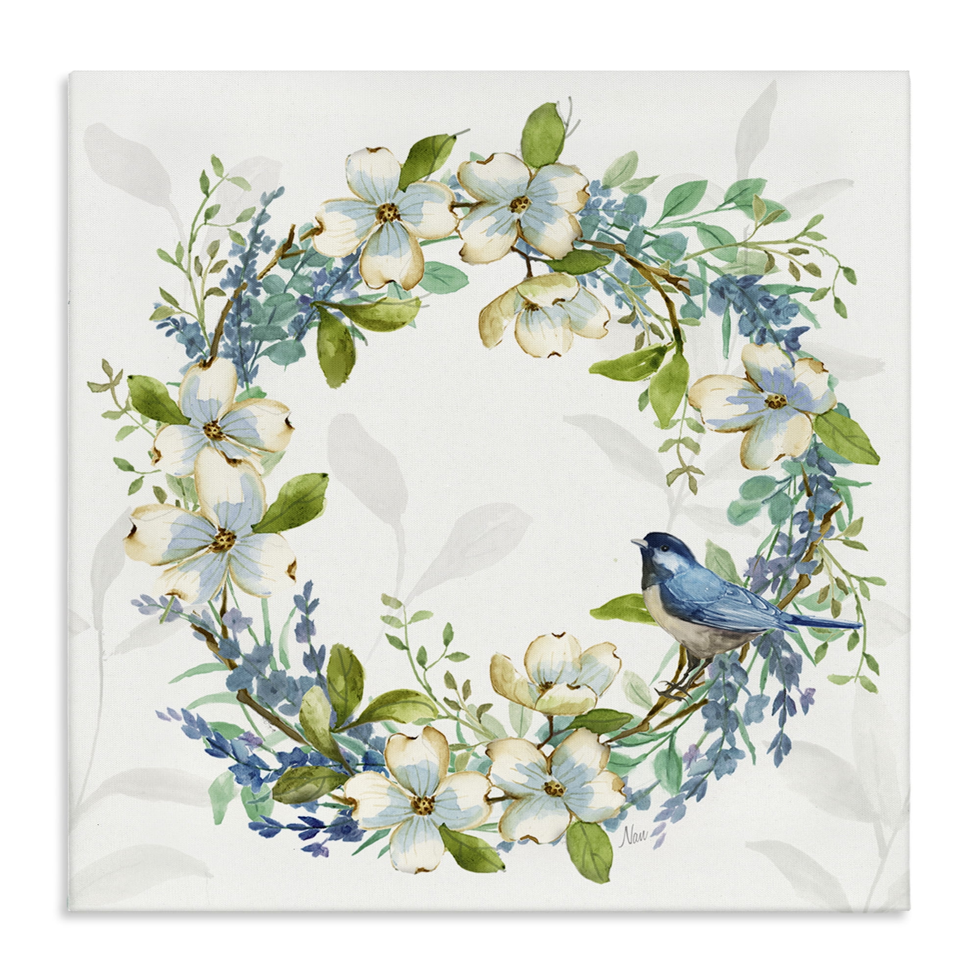 Stupell Industries Dogwood Wreath & Bluebirds Plants & Flowers Painting Wrapped Canvas Art Print Wall Art, 30 x 30