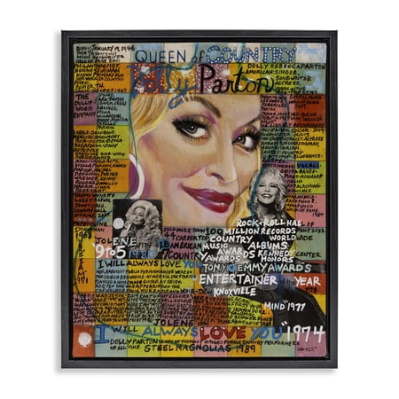 Stupell Industries Dolly Parton Collage People Drawing Black Floater Framed Canvas Art Print Wall Art, 17 x 21