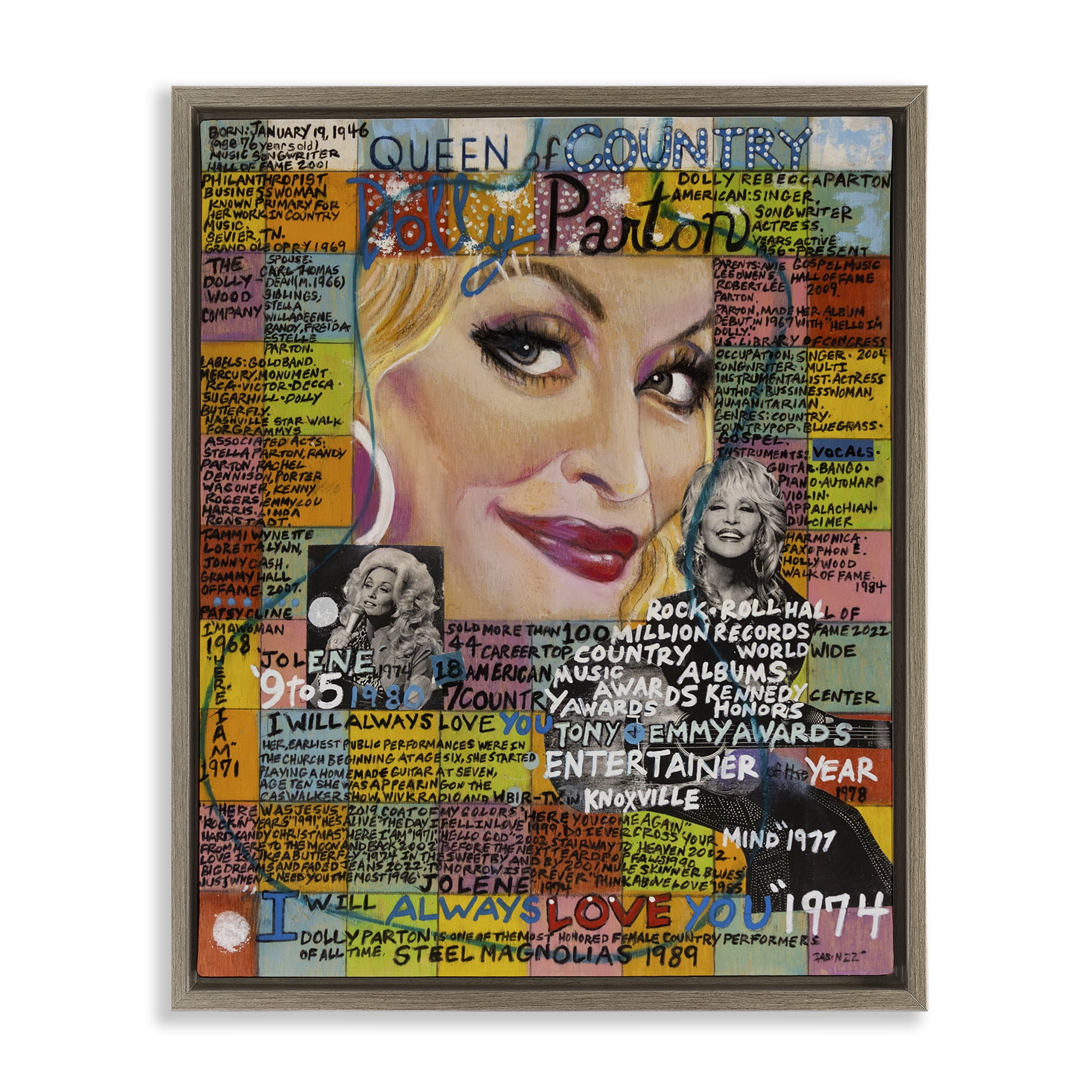 Stupell Industries Dolly Parton Collage People Drawing Brown Floater Framed Canvas Art Print Wall Art, 25 x 31