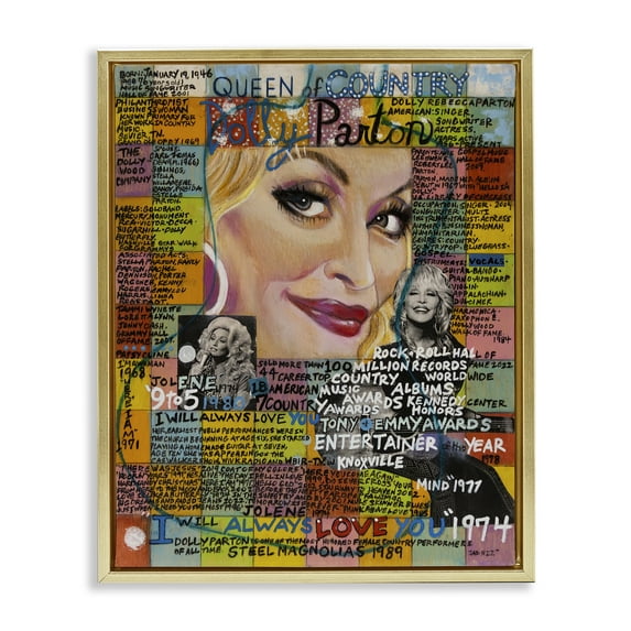 Stupell Industries Dolly Parton Collage People Drawing Gold Floater Framed Canvas Art Print Wall Art, 17 x 21