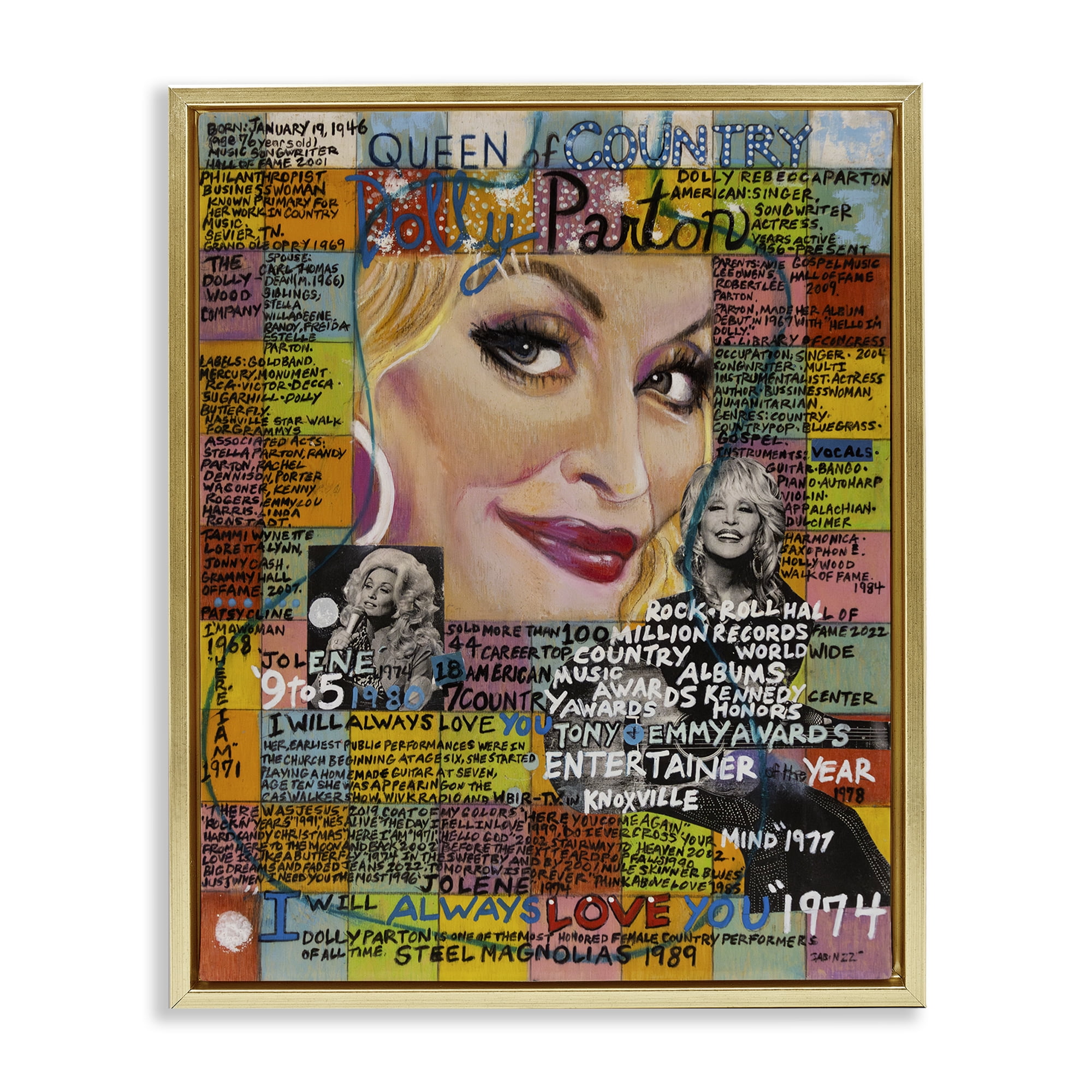 Stupell Industries Dolly Parton Collage People Drawing Gold Floater Framed Canvas Art Print Wall Art, 25 x 31