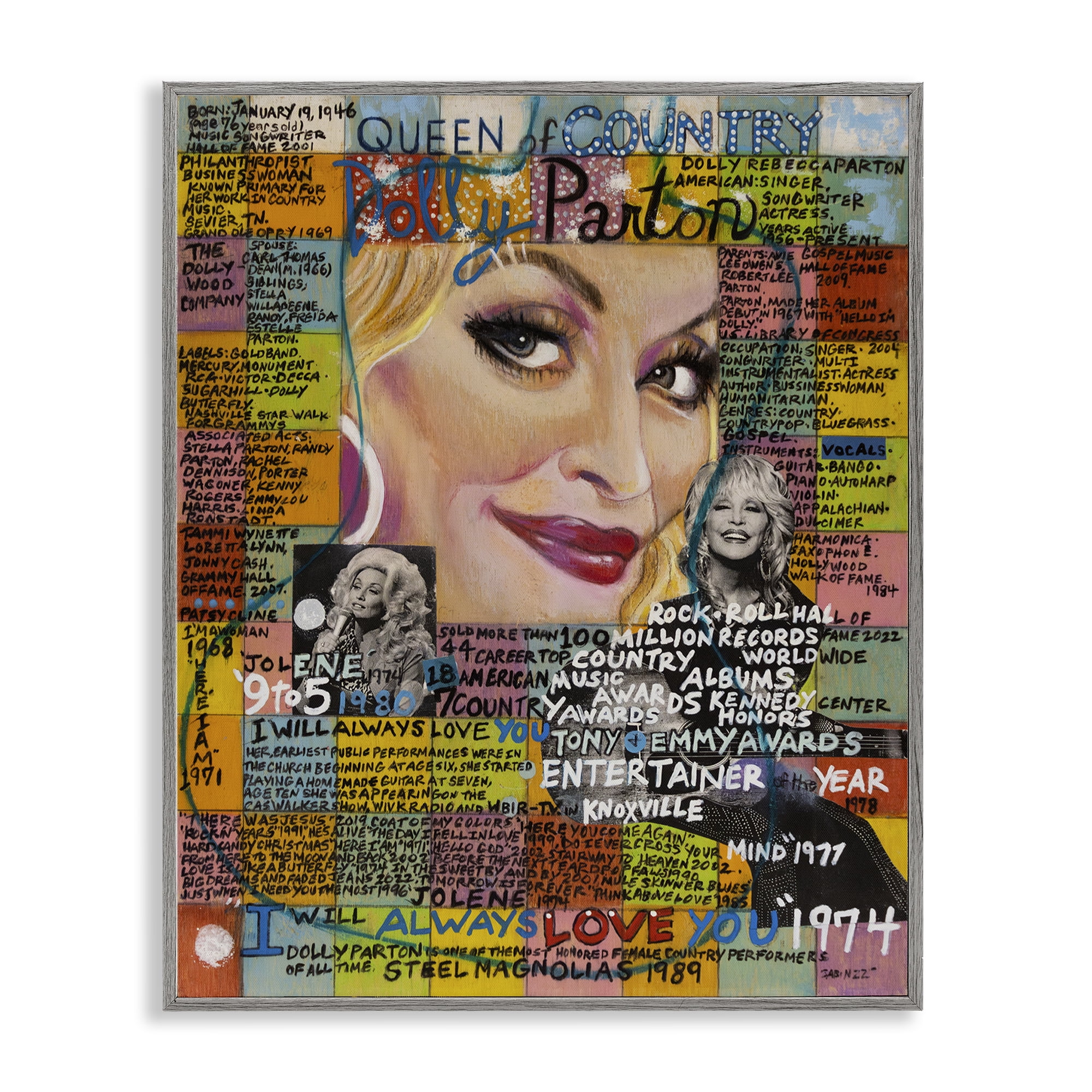 Stupell Industries Dolly Parton Collage People Drawing Gray Framed Art Print Wall Art, 24 x 30