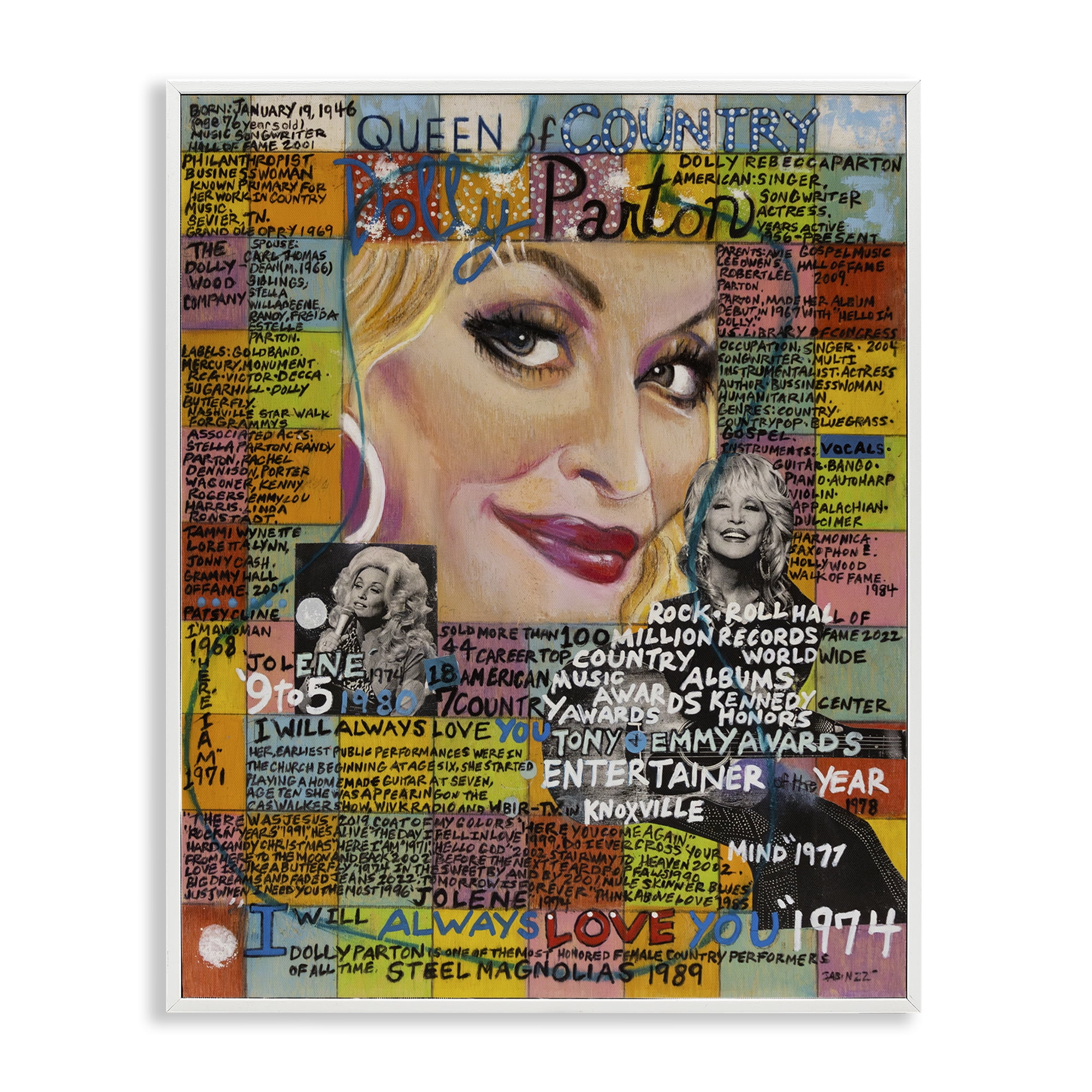 Stupell Industries Dolly Parton Collage People Drawing White Framed Art Print Wall Art, 11 x 14