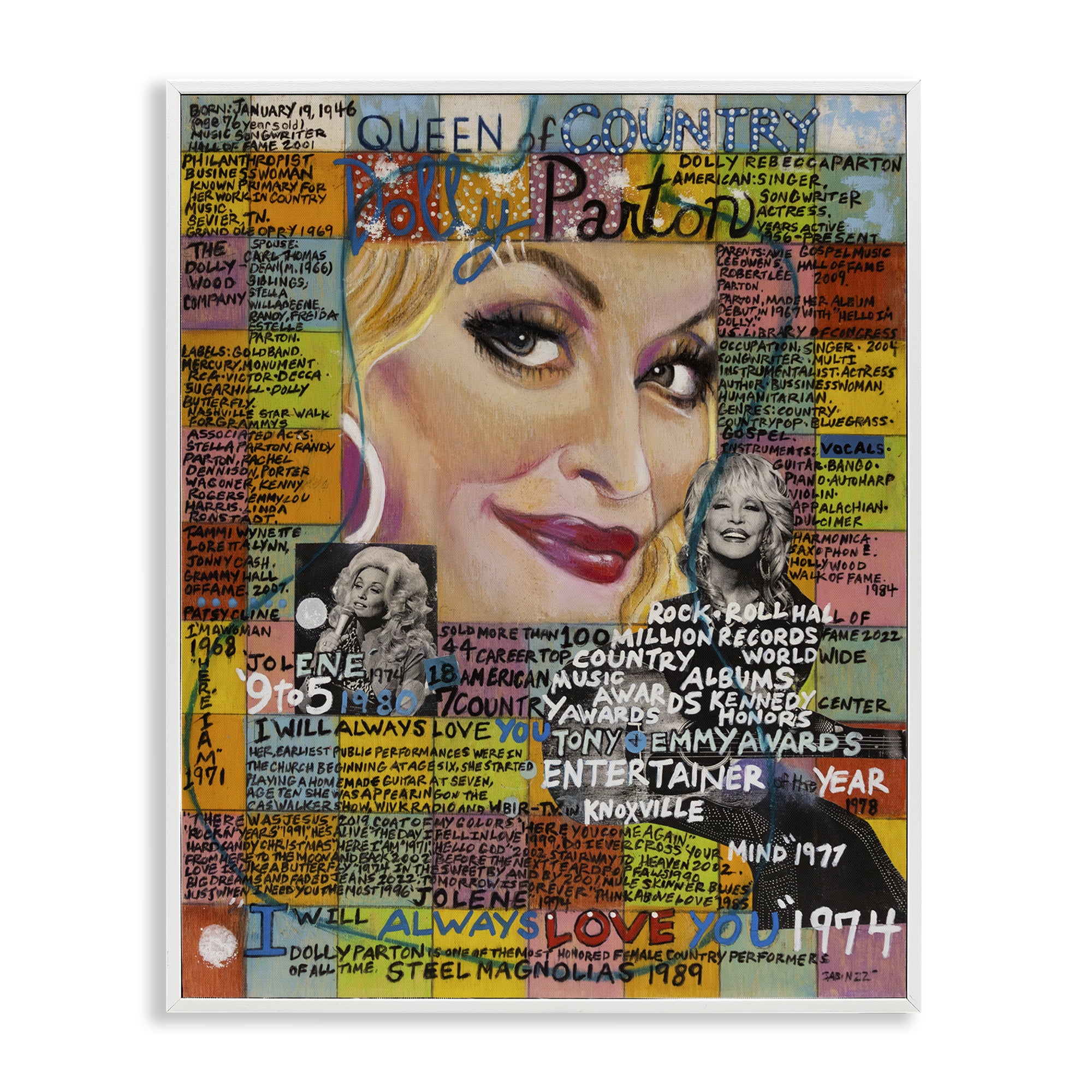 Stupell Industries Dolly Parton Collage People Drawing White Framed Art Print Wall Art, 16 x 20
