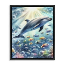 Stupell Industries Dolphin Among Sea Life Nautical & Beach Painting Black Floater Framed Canvas Art Print Wall Art, 17 x 21
