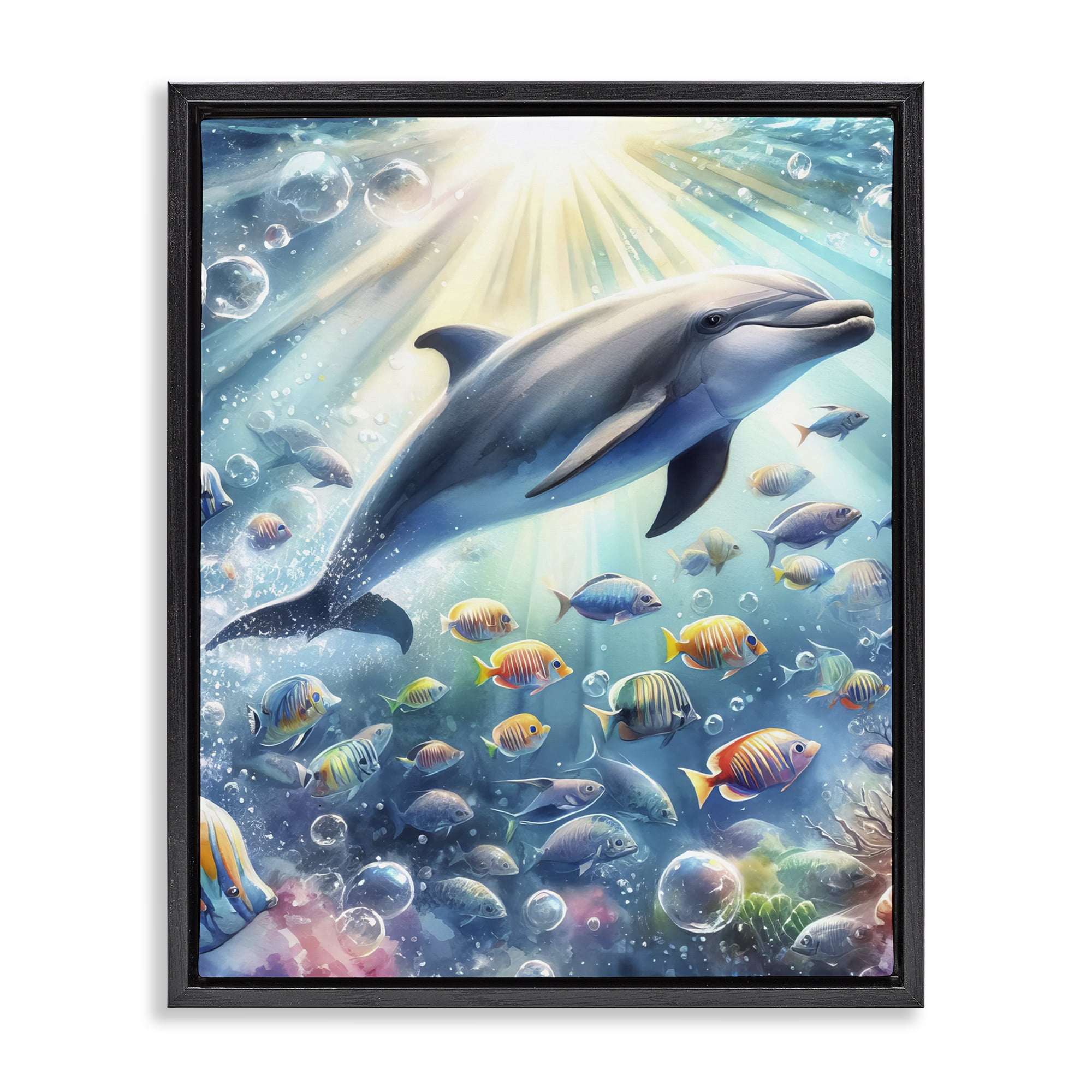 Stupell Industries Dolphin Among Sea Life Nautical & Beach Painting Black Floater Framed Canvas Art Print Wall Art, 25 x 31
