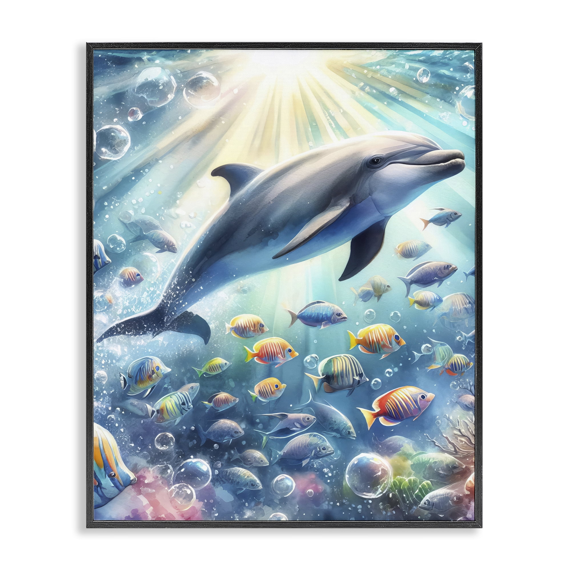 Stupell Industries Dolphin Among Sea Life Nautical & Beach Painting Black Framed Art Print Wall Art, 16 x 20