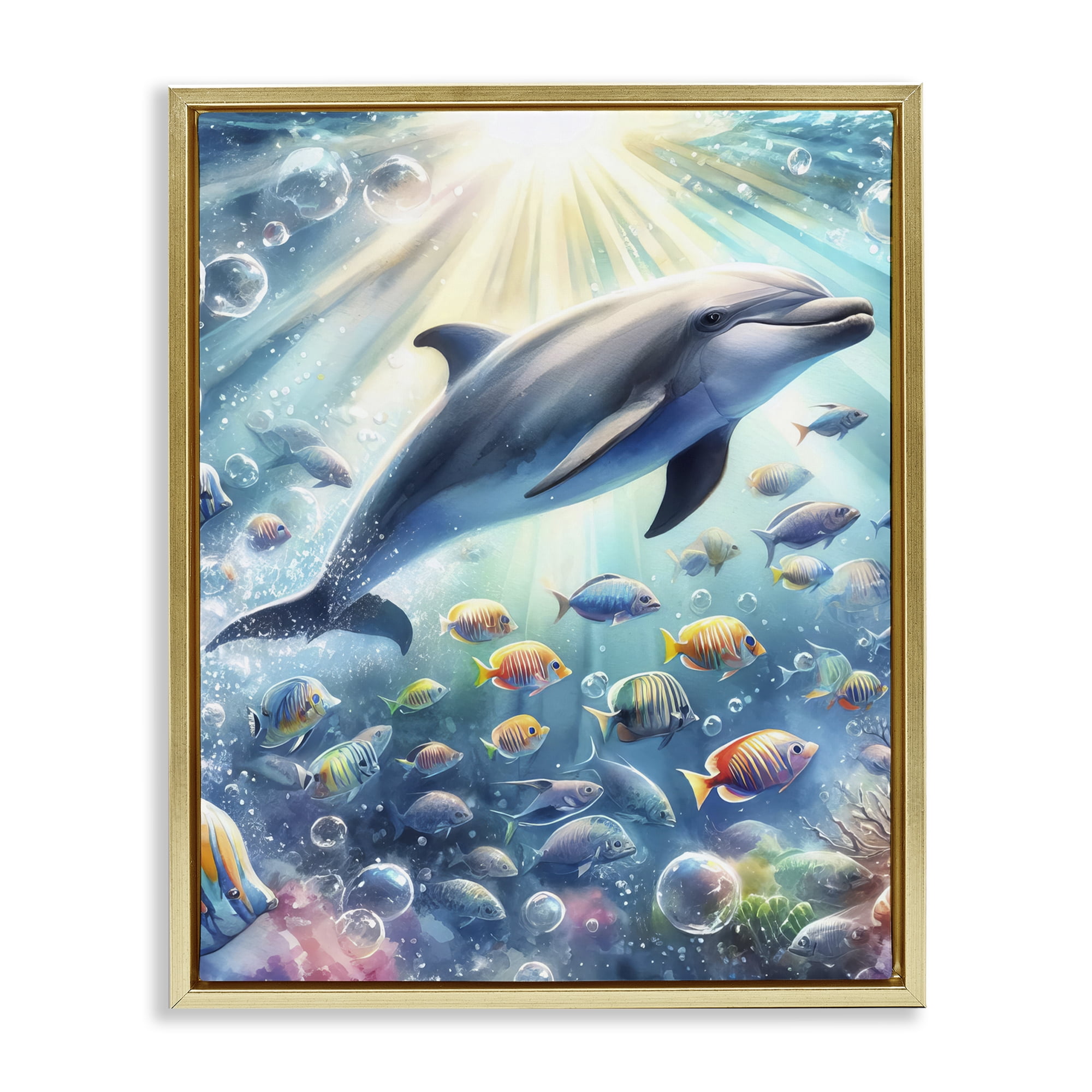 Stupell Industries Dolphin Among Sea Life Nautical & Beach Painting Gold Floater Framed Canvas Art Print Wall Art, 17 x 21