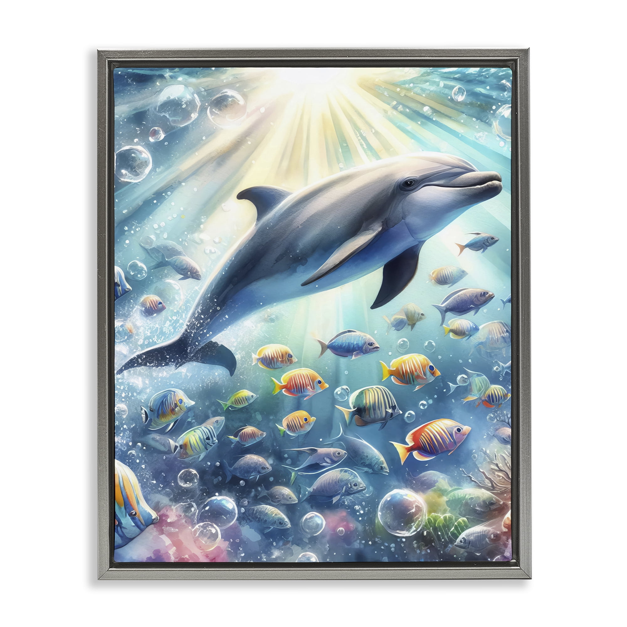 Stupell Industries Dolphin Among Sea Life Nautical & Beach Painting Gray Floater Framed Canvas Art Print Wall Art, 17 x 21