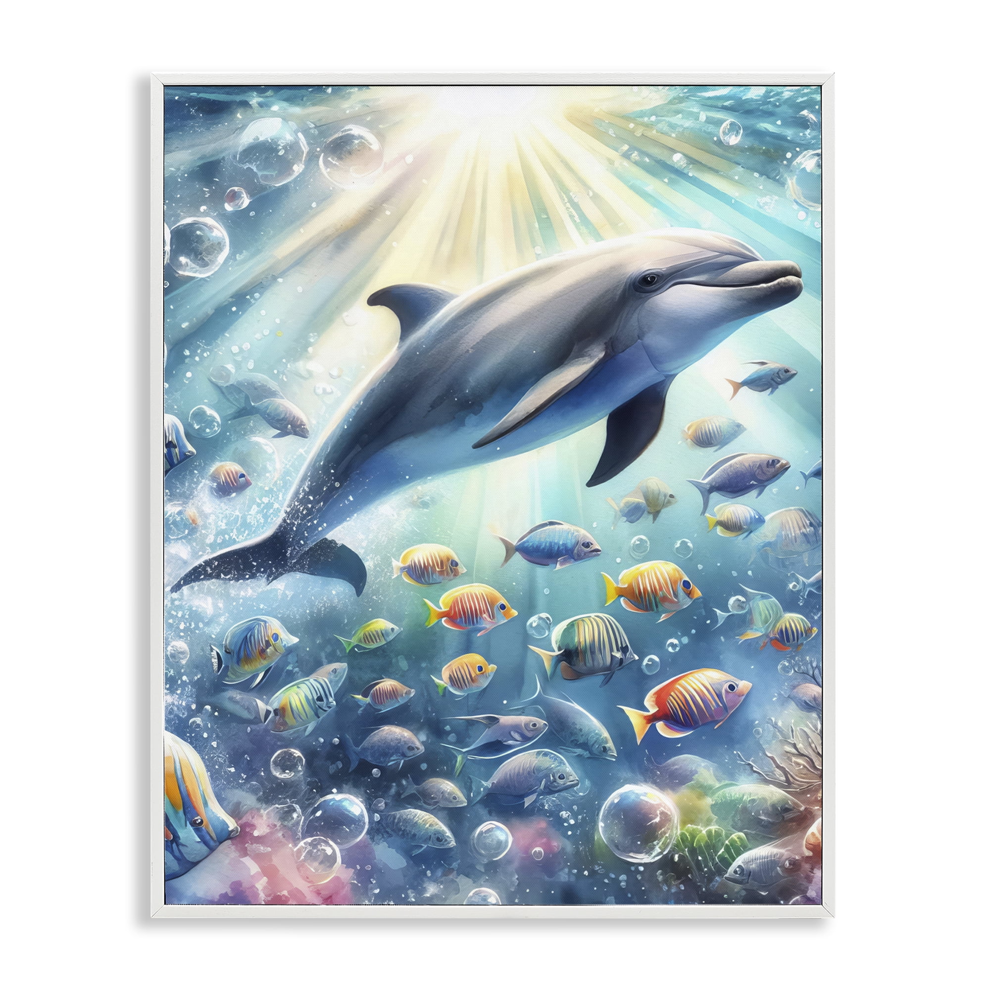 Stupell Industries Dolphin Among Sea Life Nautical & Beach Painting White Framed Art Print Wall Art, 11 x 14