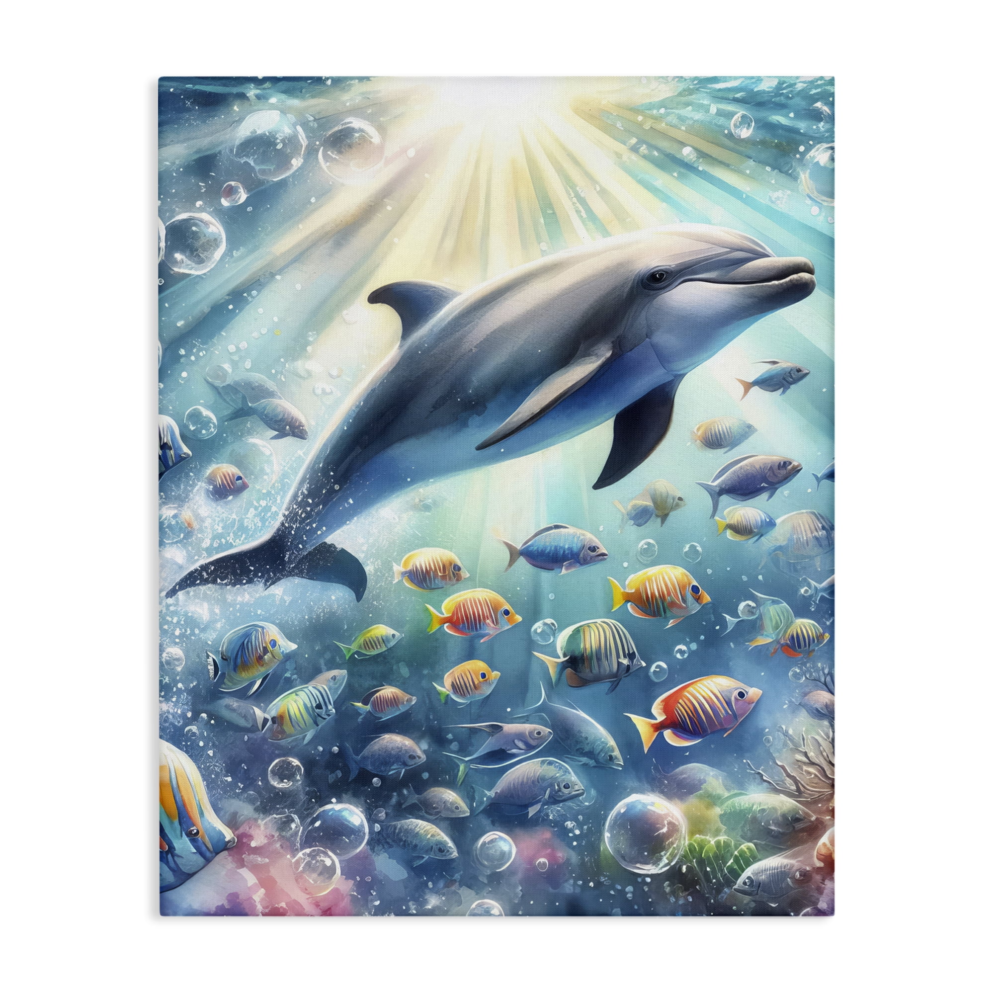 Stupell Industries Dolphin Among Sea Life Nautical & Beach Painting Wrapped Canvas Art Print Wall Art, 24 x 30