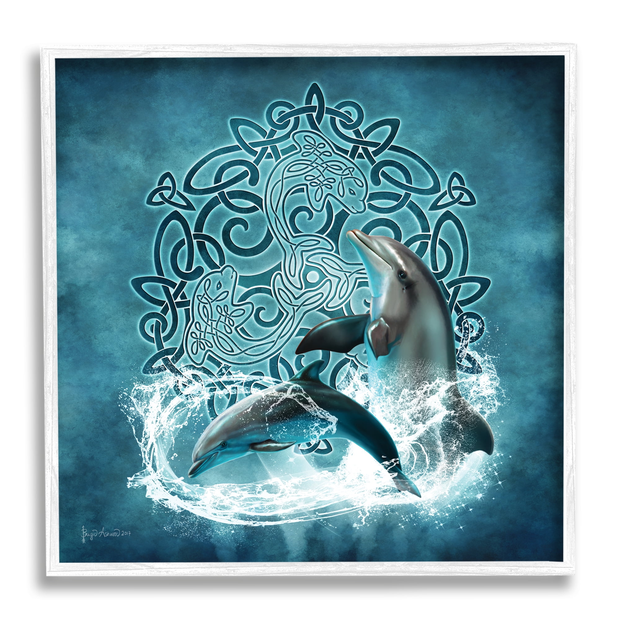 White Framed Dolphin Celtic Knot Pattern Canvas Print, 12" x 12"