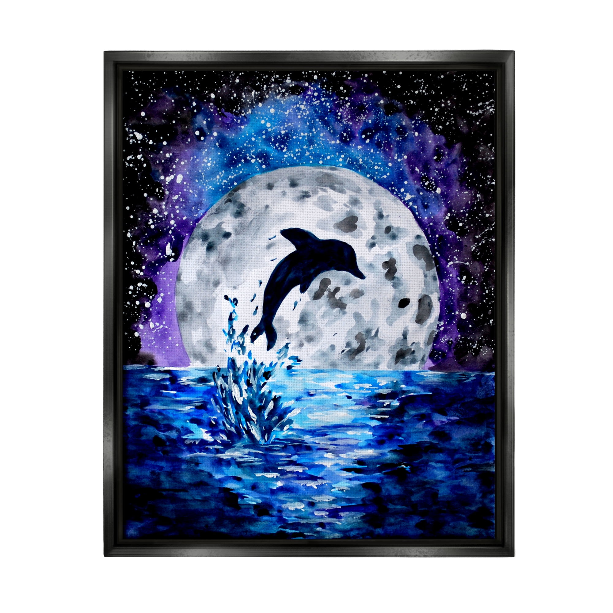 Stupell Industries Dolphin Full Moon Splash Animals & Insects Painting Black Floater Framed Art Print Wall Art, 17 x 21