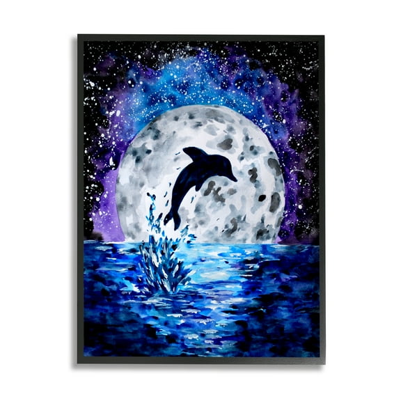 Stupell Industries Dolphin Full Moon Splash Animals & Insects Painting Black Framed Art Print Wall Art, 11 x 14