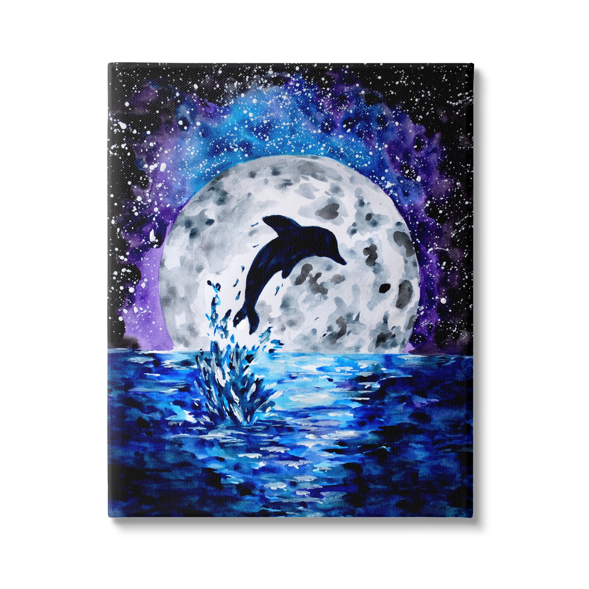 Stupell Industries Dolphin Full Moon Splash Animals & Insects Painting Gallery Wrapped Canvas Print Wall Art, 24 x 30