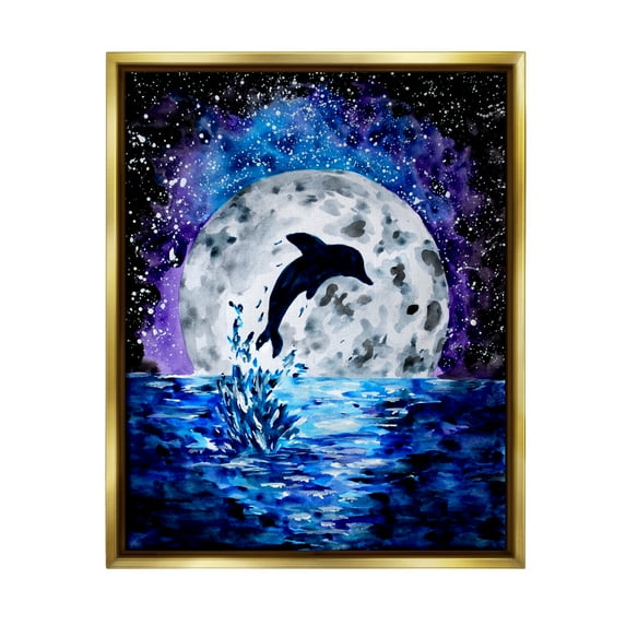 Stupell Industries Dolphin Full Moon Splash Animals & Insects Painting Gold Floater Framed Art Print Wall Art, 17 x 21