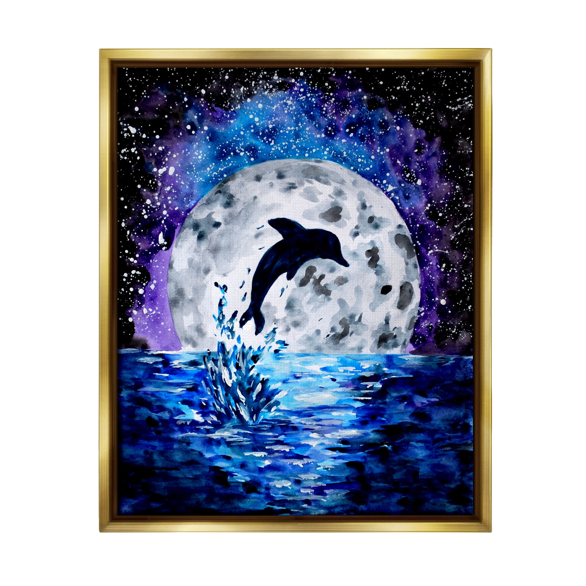 Stupell Industries Dolphin Full Moon Splash Animals & Insects Painting Gold Floater Framed Art Print Wall Art, 25 x 31