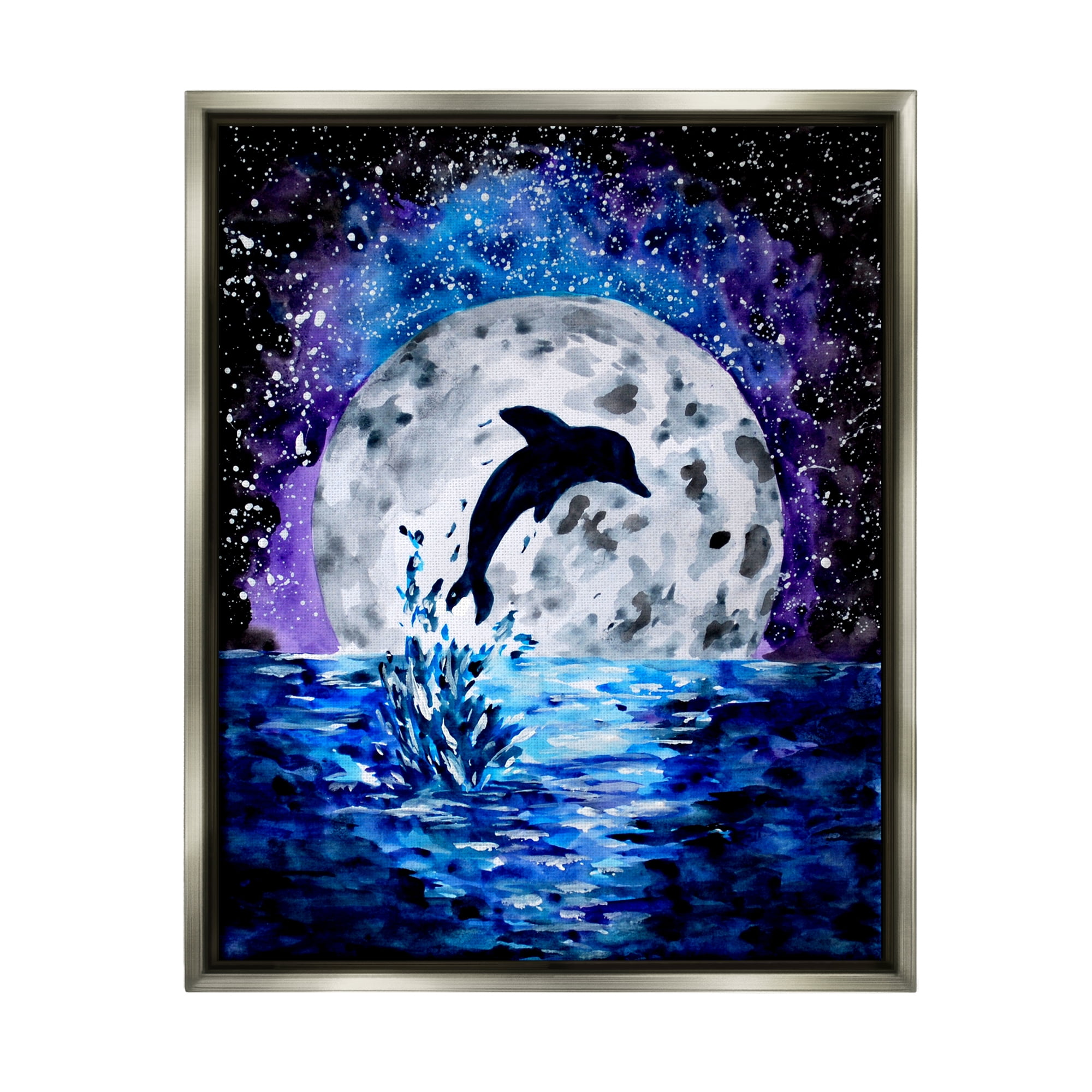 Stupell Industries Dolphin Full Moon Splash Animals & Insects Painting Gray Floater Framed Art Print Wall Art, 17 x 21