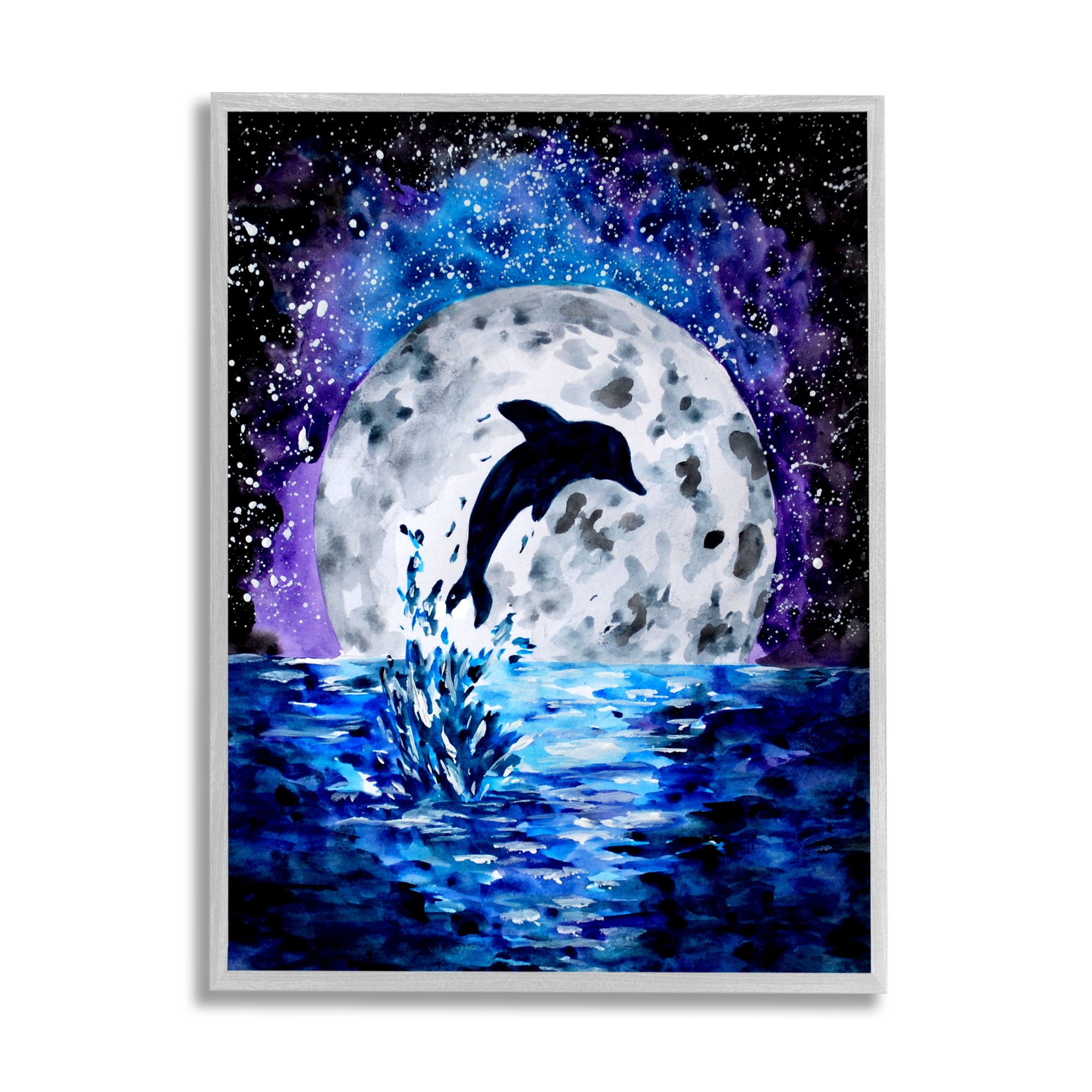 Stupell Industries Dolphin Full Moon Splash Animals & Insects Painting Gray Framed Art Print Wall Art, 16 x 20