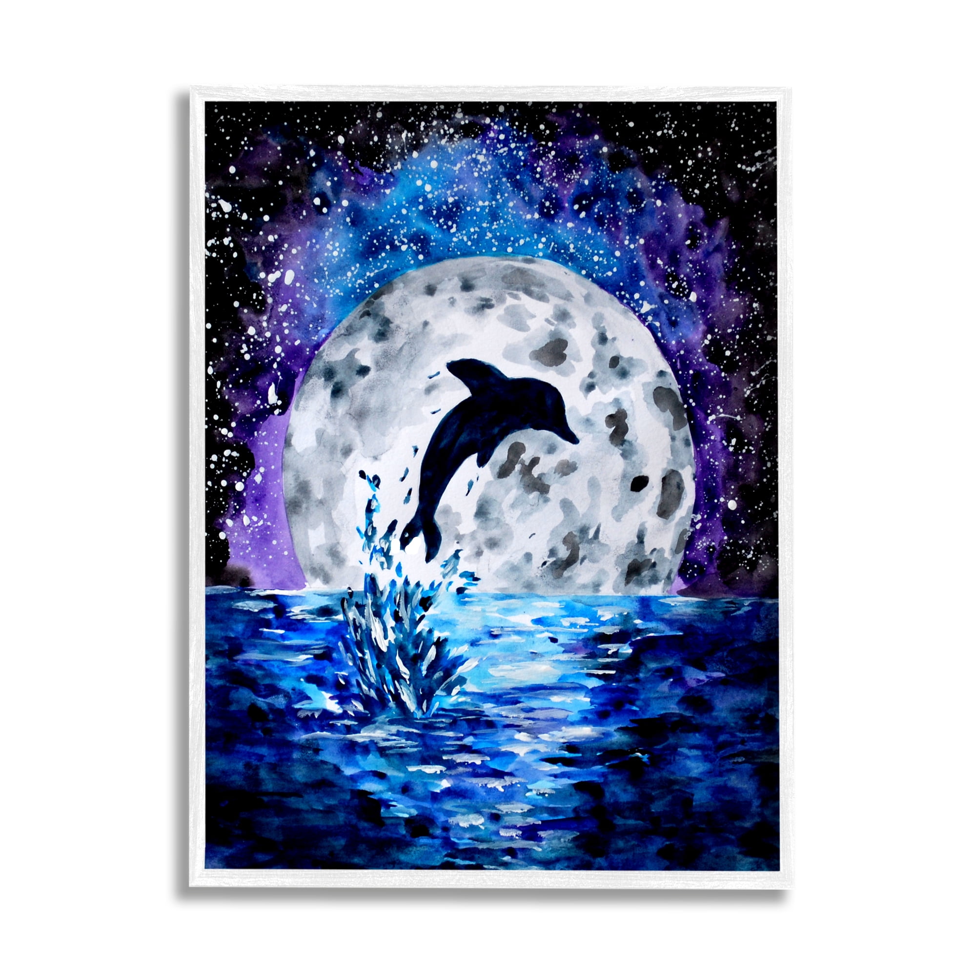 Stupell Industries Dolphin Full Moon Splash Animals & Insects Painting White Framed Art Print Wall Art, 11 x 14