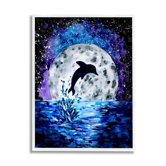 Stupell Industries Dolphin Full Moon Splash Animals & Insects Painting White Framed Art Print Wall Art, 16 x 20