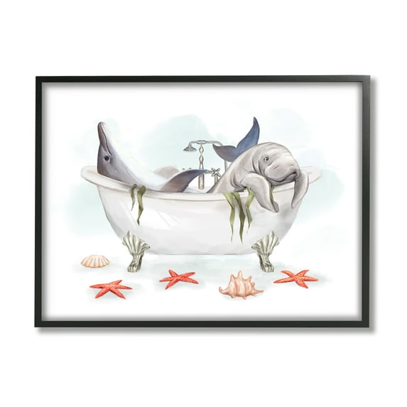 Stupell Industries Dolphin & Manatee Bathtub Animals & Insects Painting Black Framed Art Print Wall Art, 20 x 16