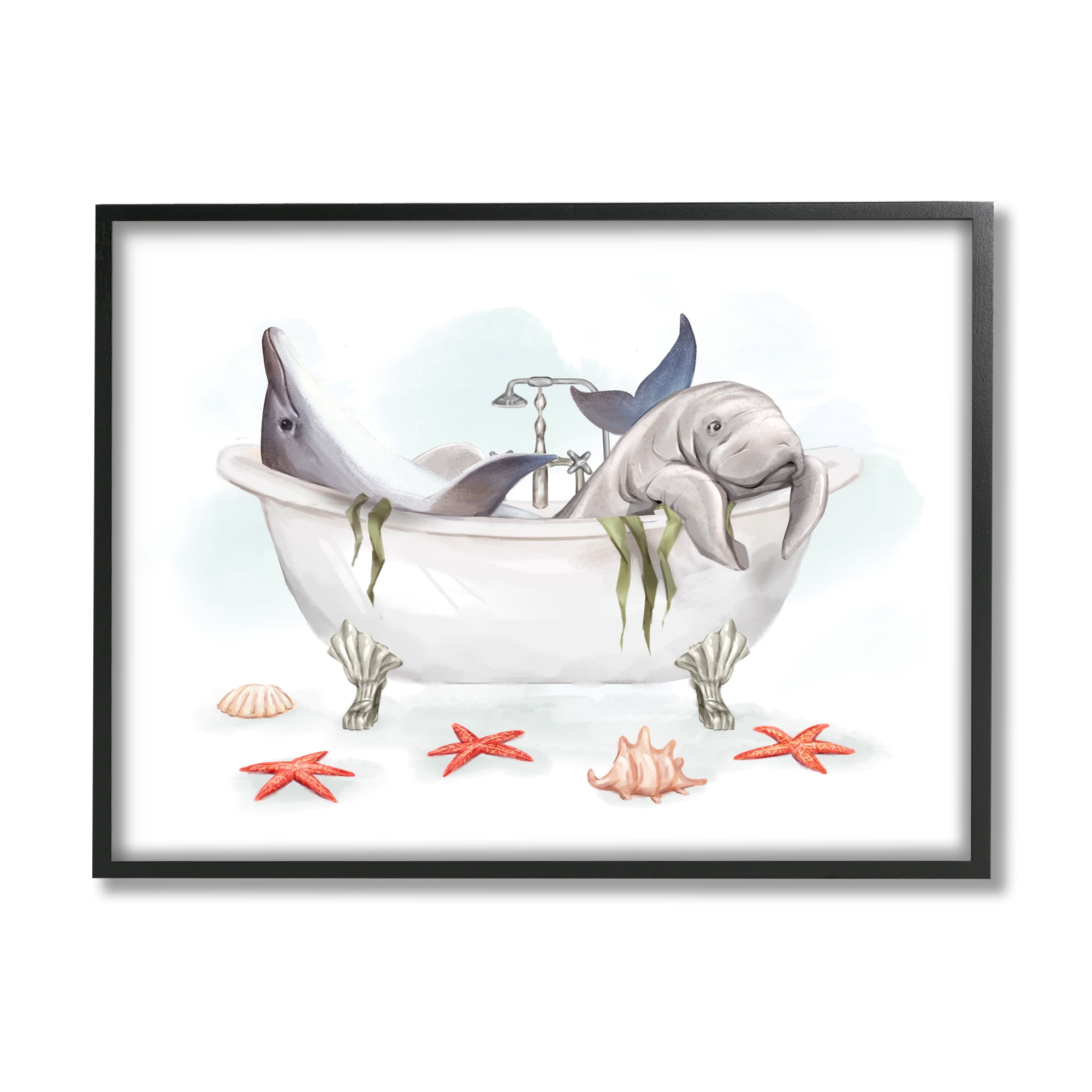 Stupell Industries Dolphin & Manatee Bathtub Animals & Insects Painting Black Framed Art Print Wall Art, 30 x 24