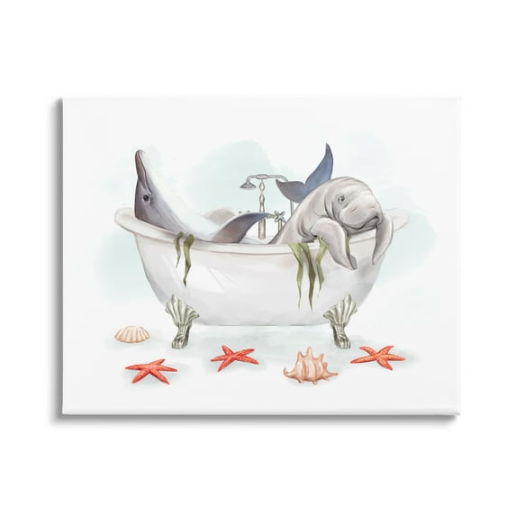 Stupell Industries Dolphin & Manatee Bathtub Animals & Insects Painting Gallery Wrapped Canvas Print Wall Art, 30 x 24