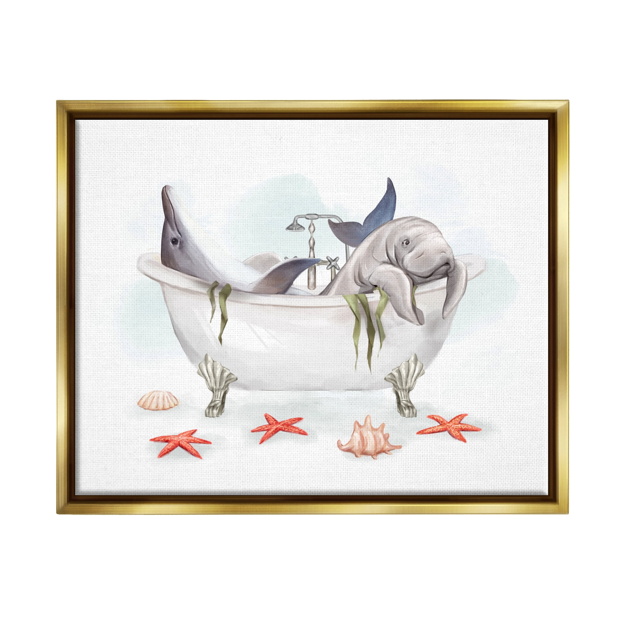 Stupell Industries Dolphin & Manatee Bathtub Animals & Insects Painting Gold Floater Framed Art Print Wall Art, 31 x 25