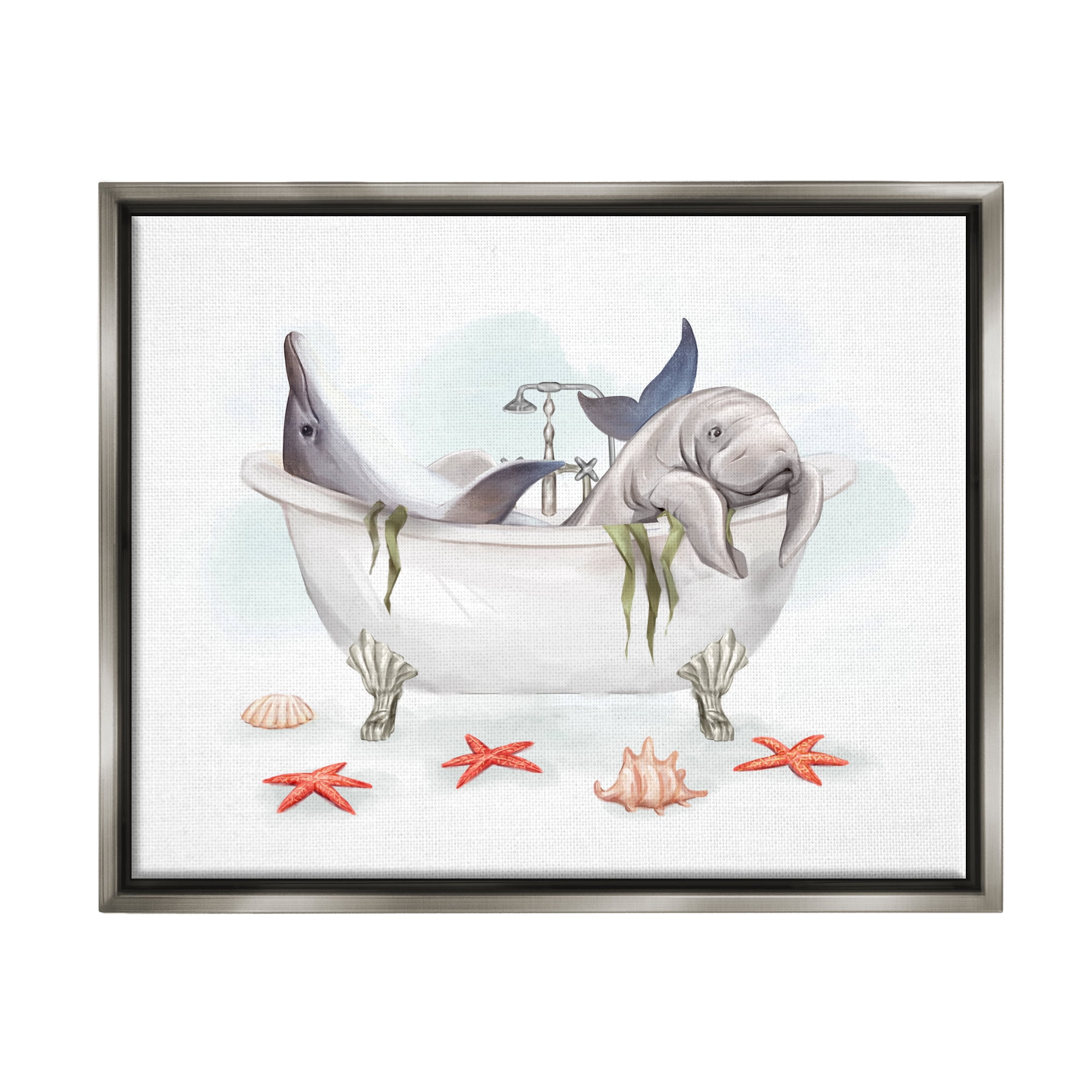 Stupell Industries Dolphin & Manatee Bathtub Animals & Insects Painting Gray Floater Framed Art Print Wall Art, 31 x 25