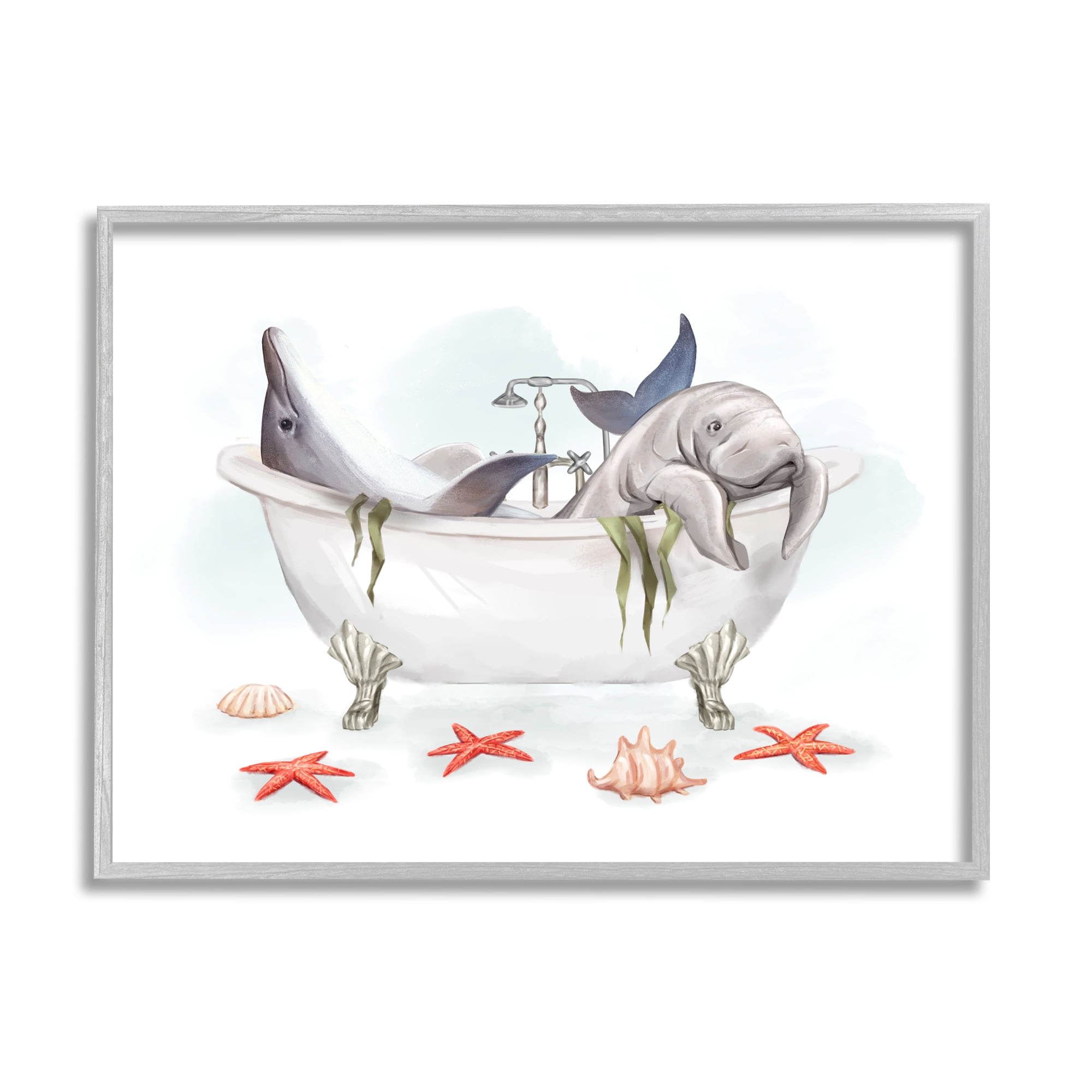 Stupell Industries Dolphin & Manatee Bathtub Animals & Insects Painting Gray Framed Art Print Wall Art, 20 x 16