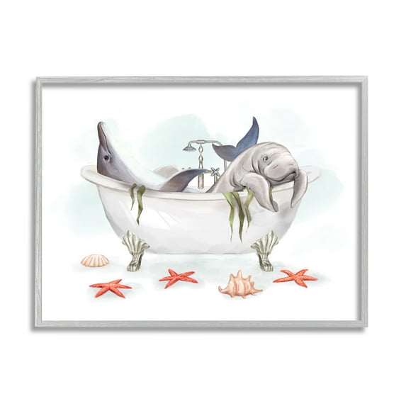 Stupell Industries Dolphin & Manatee Bathtub Animals & Insects Painting Gray Framed Art Print Wall Art, 30 x 24
