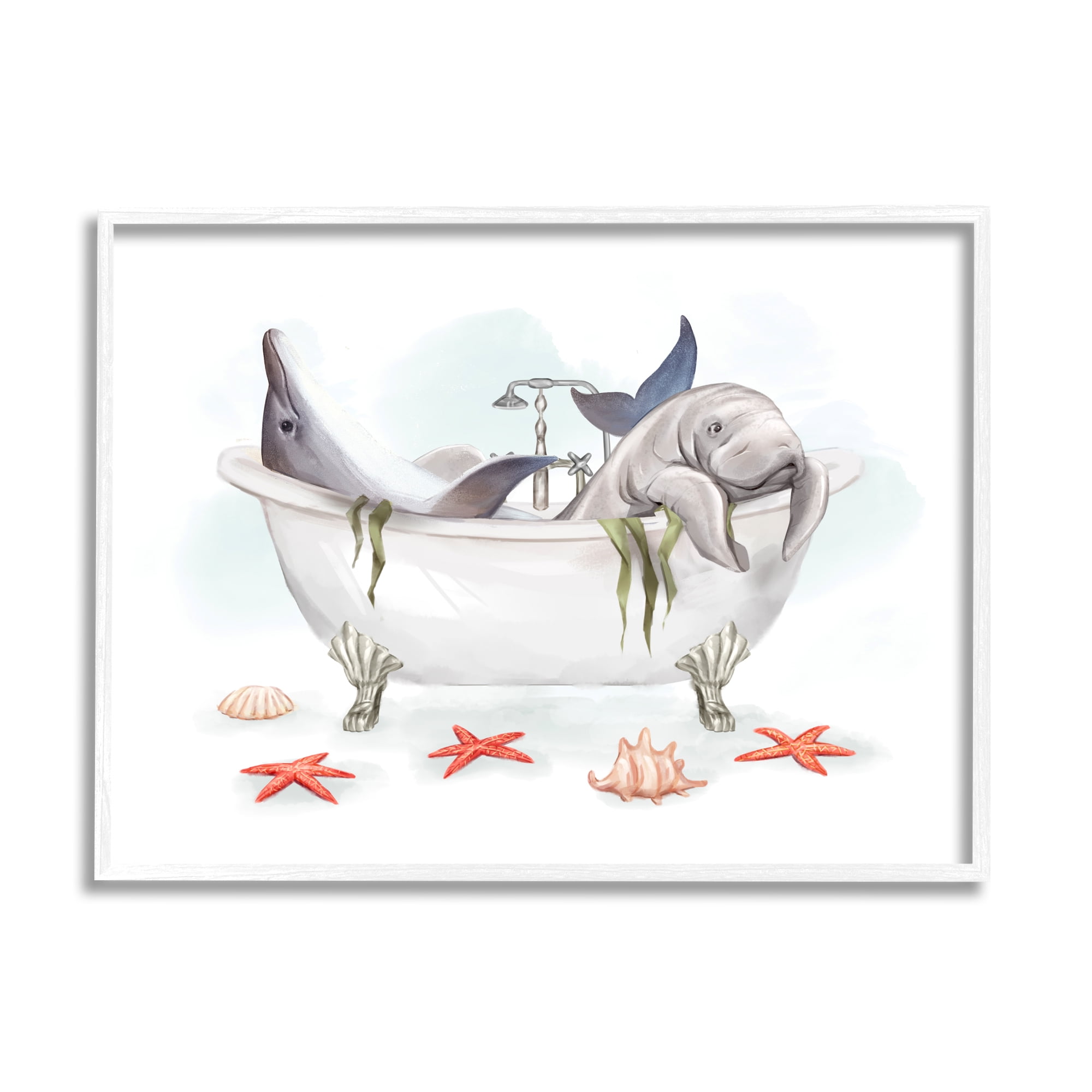 Stupell Industries Dolphin & Manatee Bathtub Animals & Insects Painting White Framed Art Print Wall Art, 14 x 11