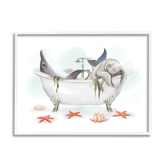 Stupell Industries Dolphin & Manatee Bathtub Animals & Insects Painting White Framed Art Print Wall Art, 30 x 24