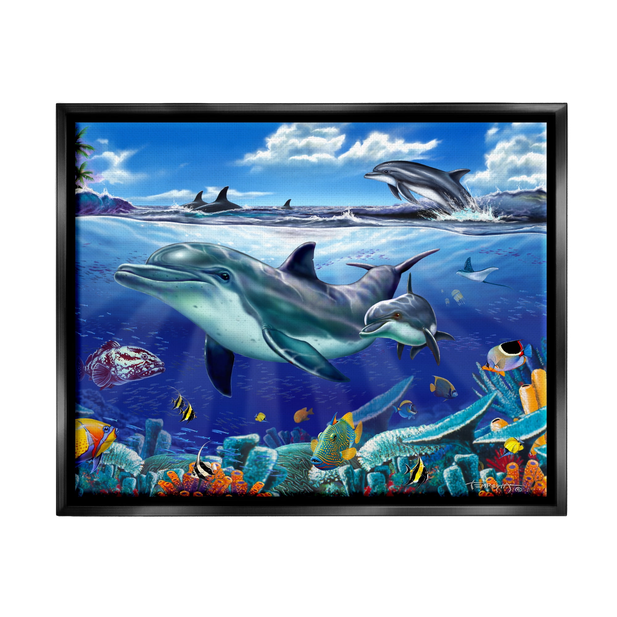 Stupell Industries Dolphins Swimming Bold Coral Reef Coastal Painting Black Floater Framed Art Print Wall Art