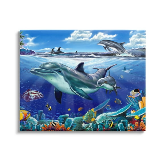 Stupell Industries Dolphins Swimming Bold Coral Reef Coastal Painting Gallery Wrapped Canvas Print Wall Art