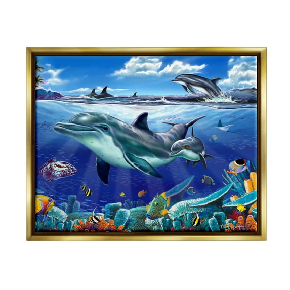 Stupell Industries Dolphins Swimming Bold Coral Reef Coastal Painting Gold Floater Framed Art Print Wall Art