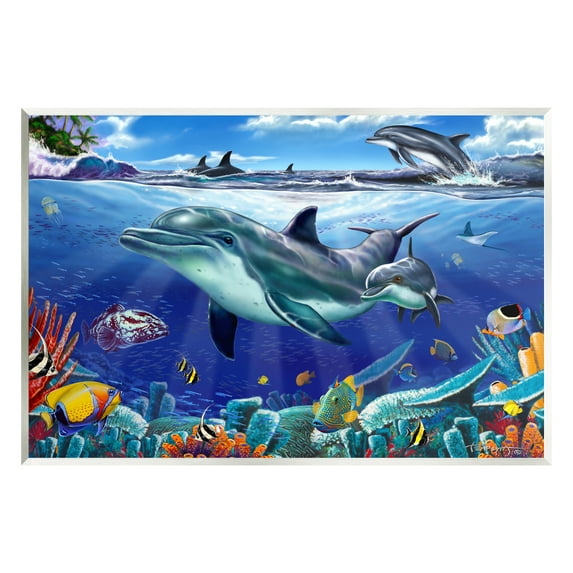 Stupell Industries Dolphins Swimming Bold Coral Reef Coastal Painting Unframed Art Print Wall Art