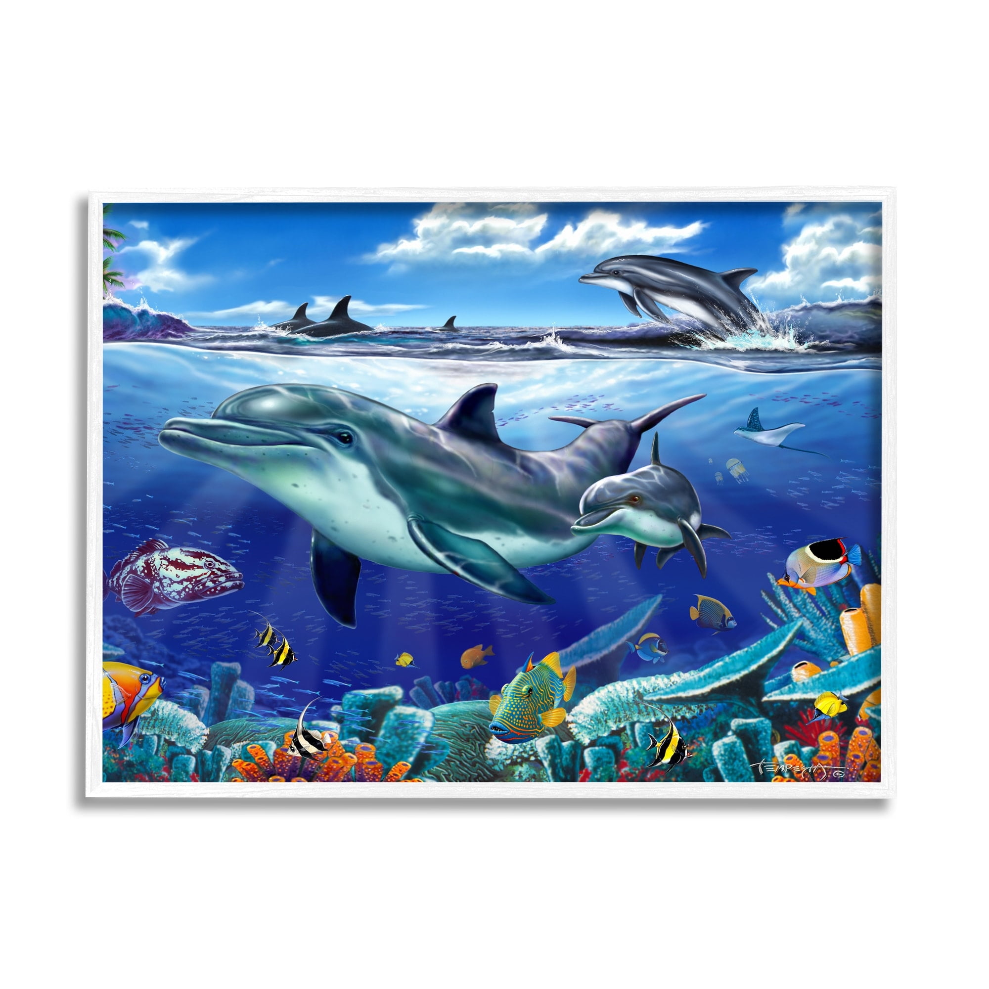 Stupell Industries Dolphins Swimming Bold Coral Reef Coastal Painting White Framed Art Print Wall Art