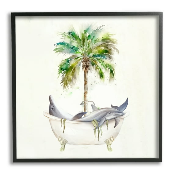 Stupell Industries Dolphins in Bath Tub Palm Tree Animals & Insects Painting Black Framed Art Print Wall Art