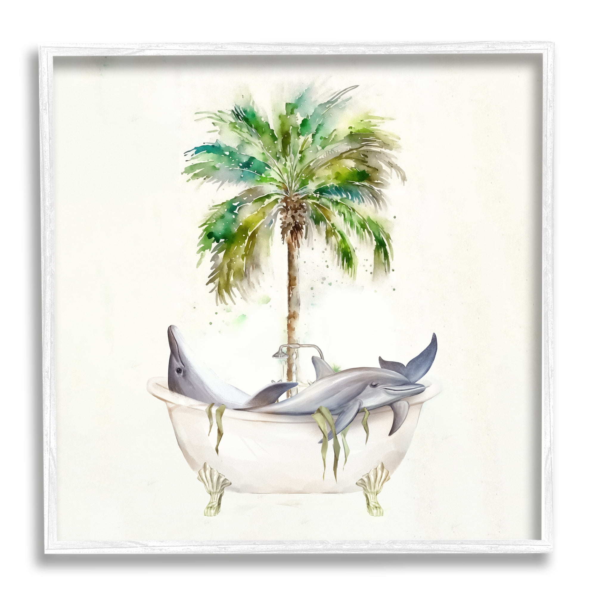 Stupell Industries Dolphins in Bath Tub Palm Tree Animals & Insects Painting White Framed Art Print Wall Art