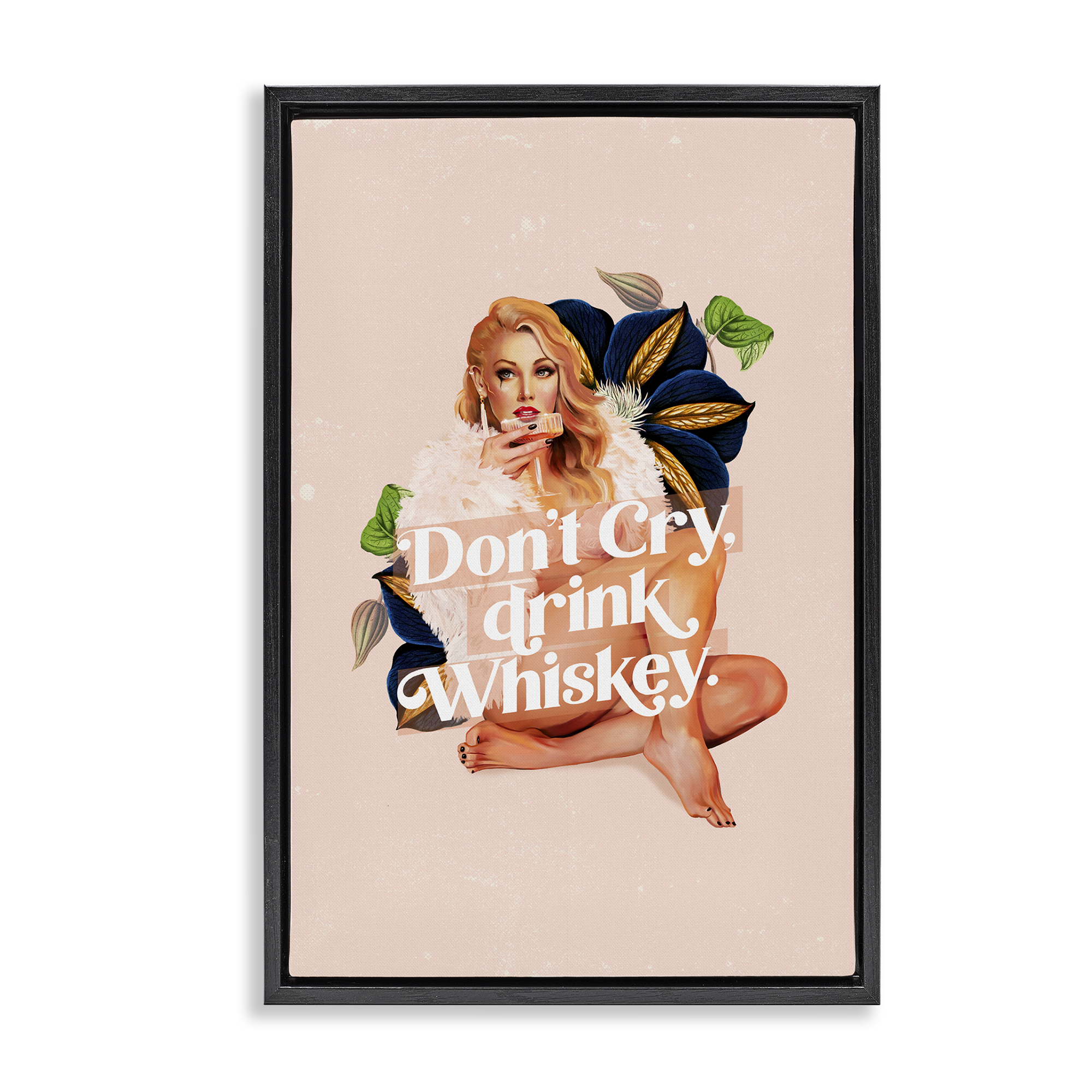 Stupell Industries Don't Cry Drink Whiskey People Painting Black Floater Framed Canvas Art Print Wall Art, 17 x 25