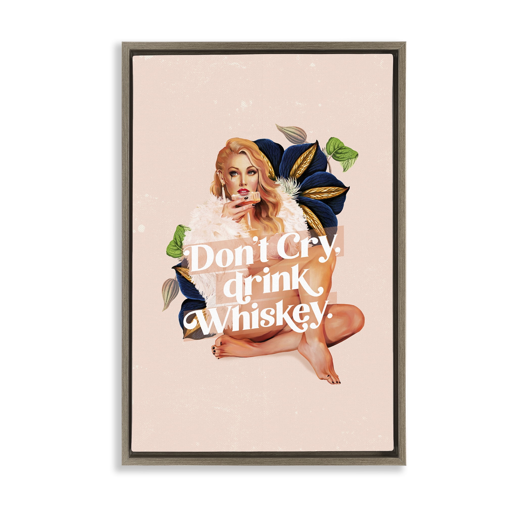 Stupell Industries Don't Cry Drink Whiskey People Painting Brown Floater Framed Canvas Art Print Wall Art, 17 x 25