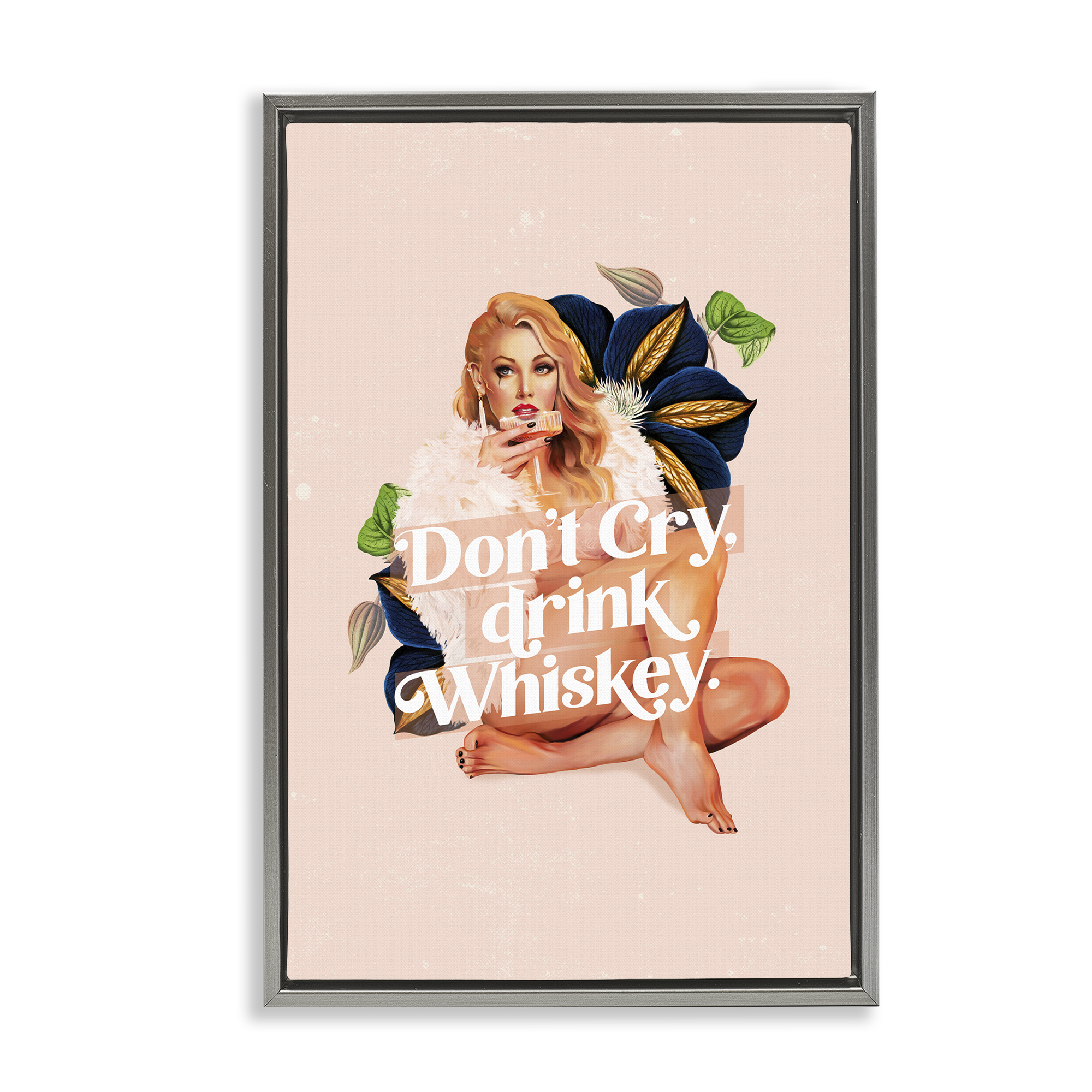 Stupell Industries Don't Cry Drink Whiskey People Painting Gray Floater Framed Canvas Art Print Wall Art, 17 x 25