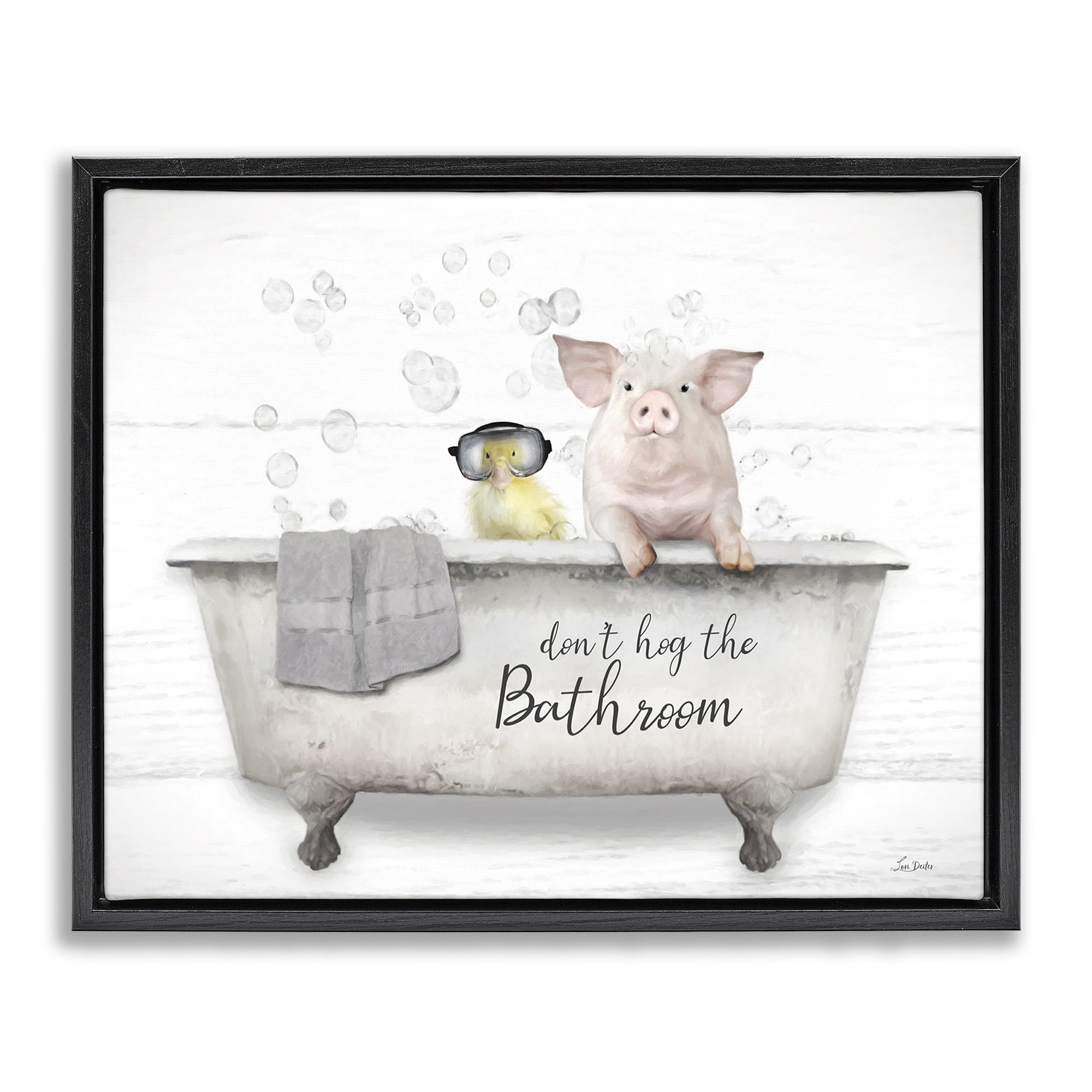 Stupell Industries Don't Hog Bathroom Animals & Insects Painting Black Floater Framed Canvas Art Print Wall Art, 21 x 17