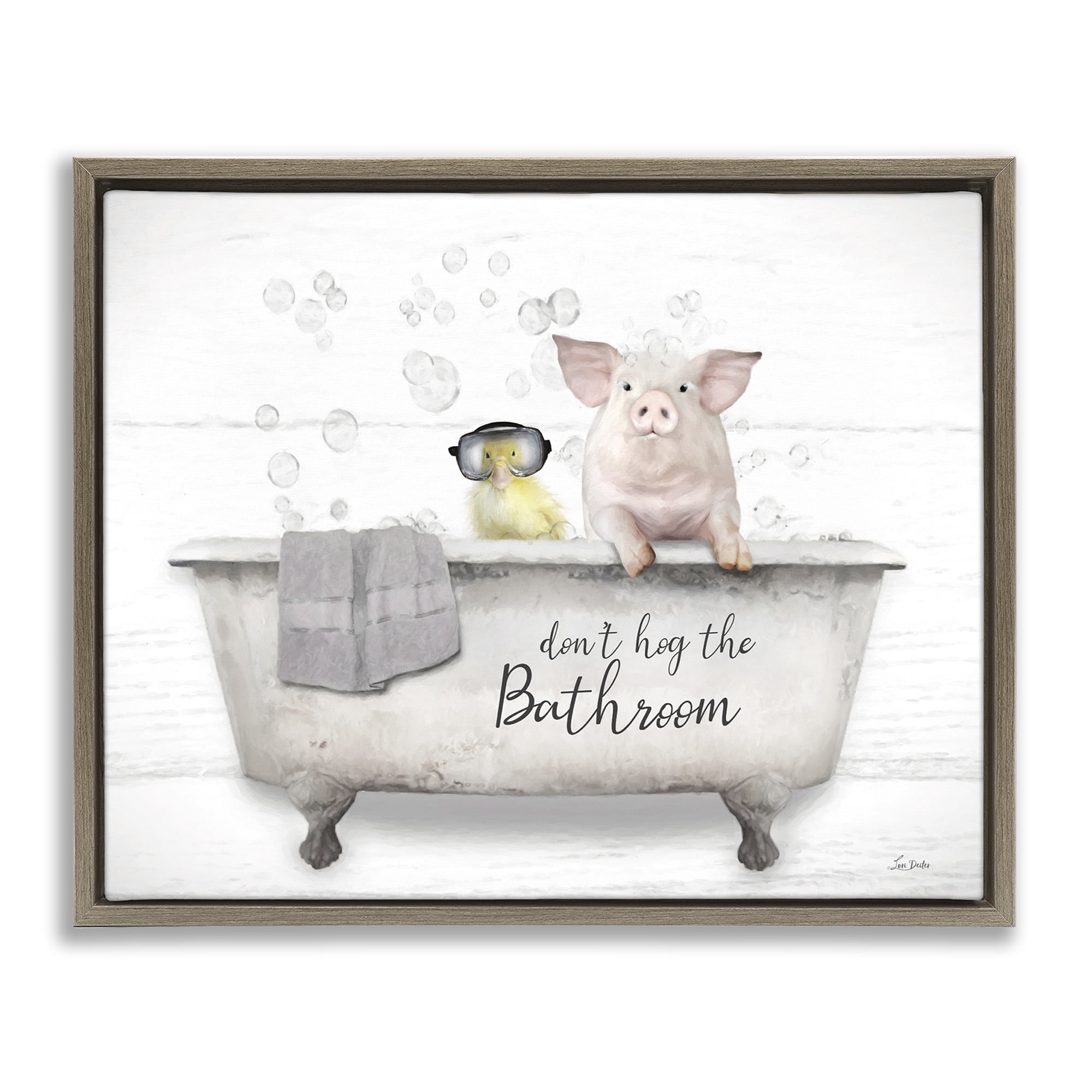 Stupell Industries Don't Hog Bathroom Animals & Insects Painting Brown Floater Framed Canvas Art Print Wall Art, 21 x 17