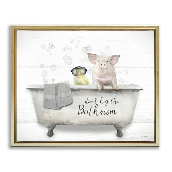 Stupell Industries Don't Hog Bathroom Animals & Insects Painting Gold Floater Framed Canvas Art Print Wall Art, 21 x 17
