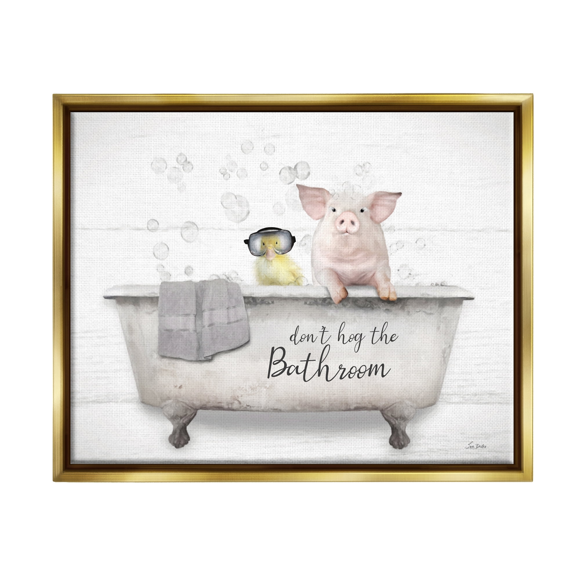 Stupell Industries Don't Hog Bathroom Animals & Insects Painting Gold Floater Framed Canvas Art Print Wall Art, 31 x 25