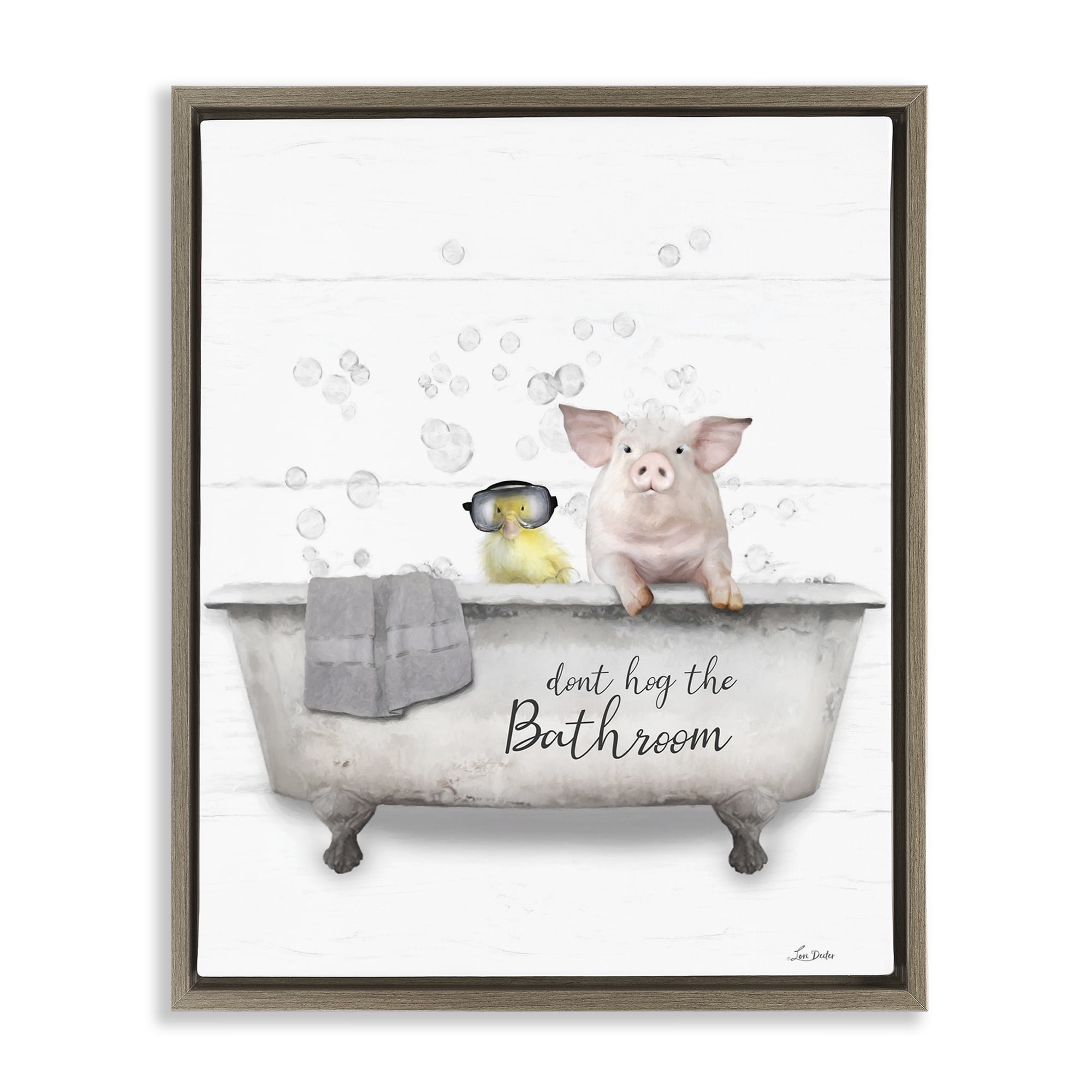Stupell Industries Don't Hog Bathroom Typography Painting Brown Floater Framed Canvas Art Print Wall Art, 17 x 21