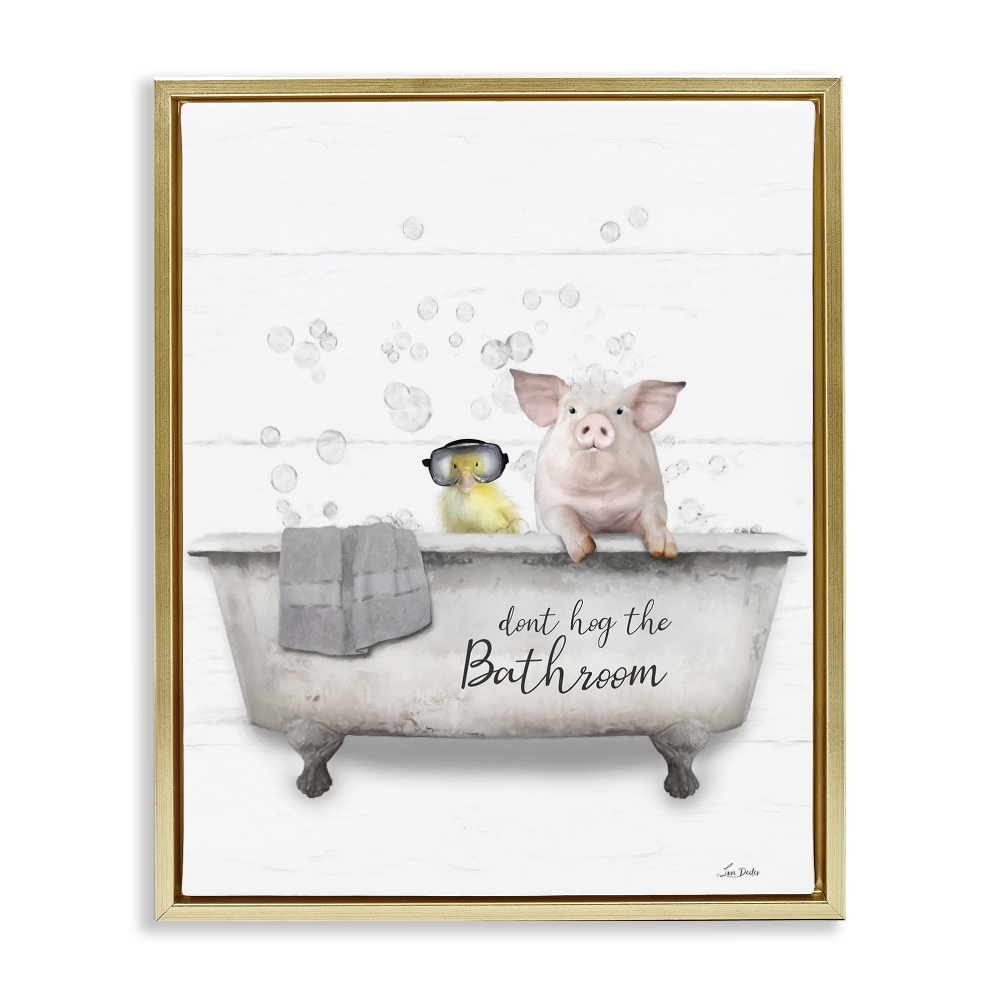 Stupell Industries Don't Hog Bathroom Typography Painting Gold Floater Framed Canvas Art Print Wall Art, 17 x 21